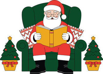 Happy Santa Claus sitting in green armchair reading book with Christmas trees and pillows vector illustration.