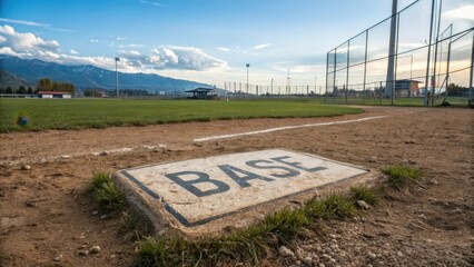 Baseball base on a well-maintained field under a bright, cloudy sky, ready for a game