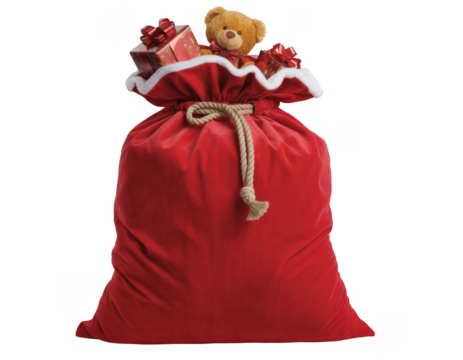 Red velvet Santa sack overflowing with teddy bear and gift boxes isolated on a transparent background