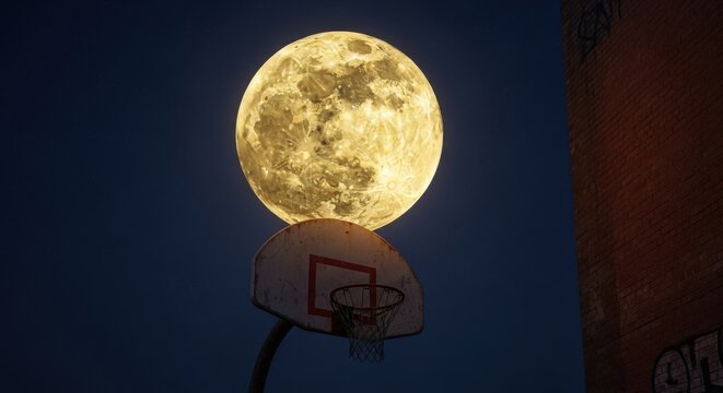 Full moon over basketball hoop at night astronomy celestial event sky - Powered by Adobe