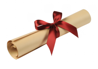 Rolled parchment scroll tied with a red satin ribbon isolated on a transparent background
