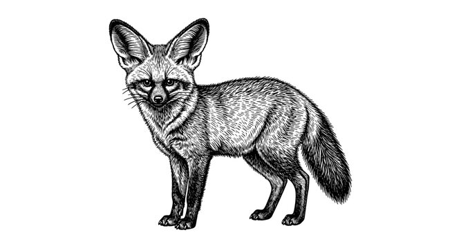 Detailed black and white fox drawing with intricate fur and sharp features