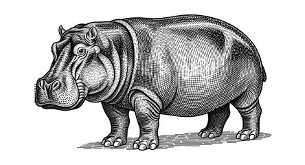Fototapeta premium Intricate hippo engraving in black and white with detailed shading and lines