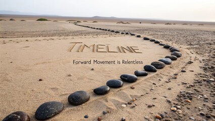 Dark polished river stones meticulously arranged in a linear progression across sand, forming a timeline