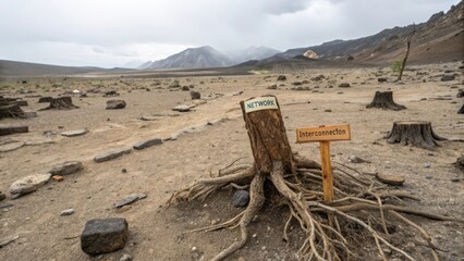 Desolate desert landscape featuring prominent tree roots and signs labelled Network and Interconnection