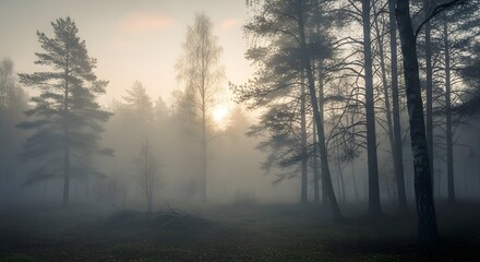 Misty Minimal Forest at Sunrise