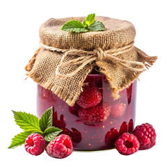 Delicious raspberry jam in glass jar homemade preserve with burlap cover and twine on transparent background. PNG
