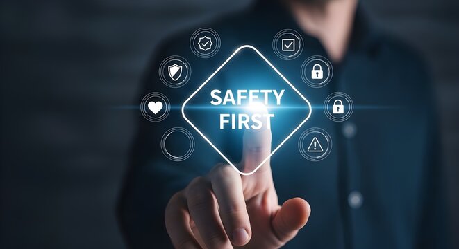 Person touching a digital interface with safety first icons and symbols