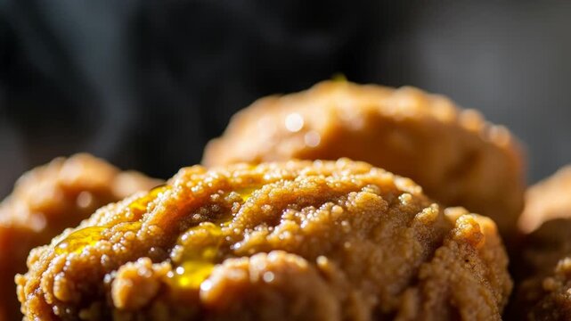 Close up of hot fried chicken nugget with honey drizzle and steam, 4k video