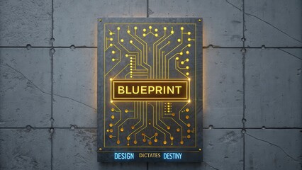 Glowing blueprint circuit board design representing technological innovation and future plans on a textured grey surface