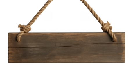 Rustic wooden plank sign hanging by thick rope isolated on a transparent background