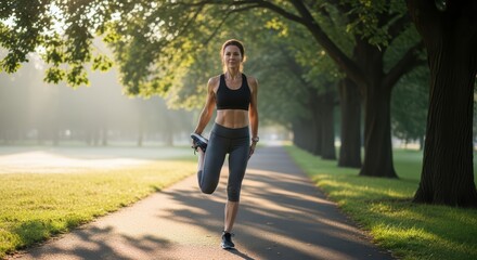 Young caucasian female stretching in sunlit park pathway with lush green trees