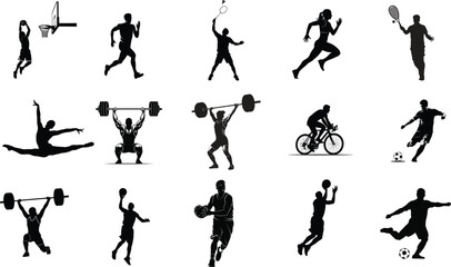 Naklejka premium Diverse sports silhouettes collection athletes in action vector illustration