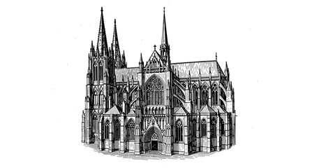 Fototapeta premium Gothic cathedral architecture with detailed spires and arched windows in black and white