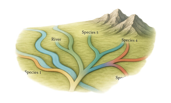Diagram illustrating speciation with branching paths and geographic isolation indicators.