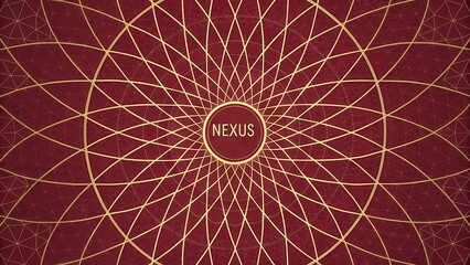 Intricate gold radiating geometric nexus pattern on a deep red background, symbolizing connection and complexity.