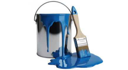 Silver paint can with blue paint dripping and a paintbrush isolated on a transparent background