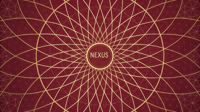 Intricate gold radiating geometric nexus pattern on a deep red background, symbolizing connection and complexity.
