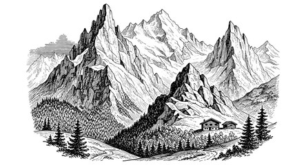 Detailed mountain landscape with alpine houses and forest in vintage etching style