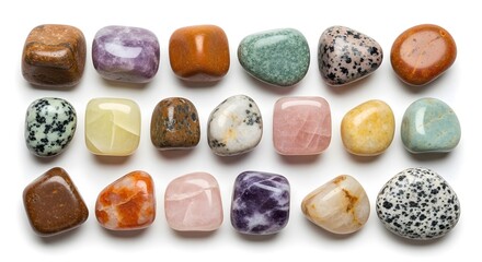 Collection of colorful tumbled stones on white backdrop with smooth surface for meditation