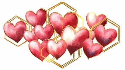Watercolor red hearts with gold geometric accents on white background. The 14th of February. Happy Valentine's Day - Powered by Adobe
