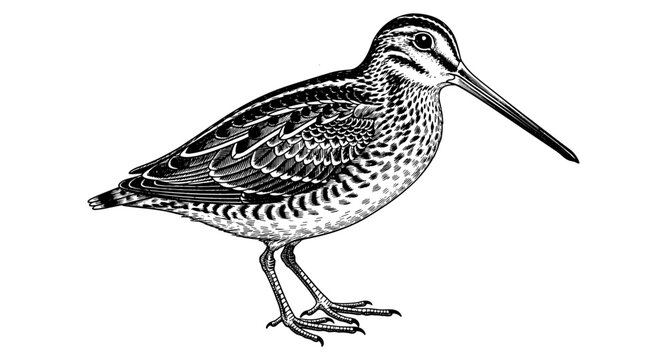 Detailed black and white drawing of a snipe bird with intricate feather patterns