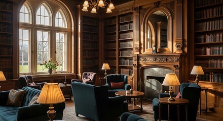 A well appointed library with bookshelves fireplace and comfortable seating and a large window view ai generated