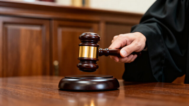 Close up of a judge hand striking a wooden gavel against a sound block, emphasizing justice and authority