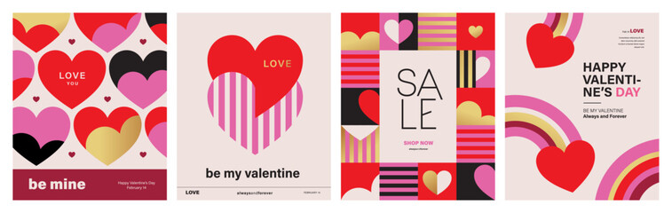 Set of Valentine's Day poster, greeting card, cover, label, sale promotion templates, pattern background in modern trendy geometric style.

