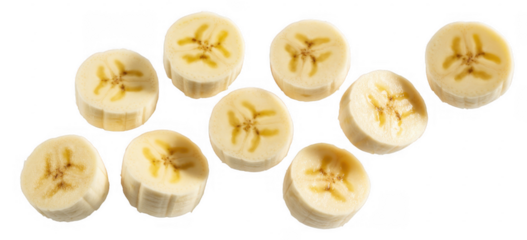 Sliced banana rounds with visible seeds and flesh isolated on a transparent background