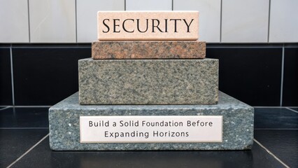 Three Polished Granite Blocks with 'Security' Engraved, Stacked on a Base with Inspirational Quote