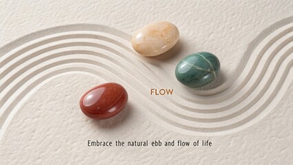 Three smooth polished stones resting on a textured surface with gentle wavy lines
