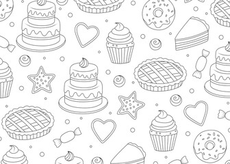 background with hand-drawn bakery and pastry products. Cakes, donuts, cupcakes, cookies, and sweets are featured. Suitable for sweet packaging, cafe menus, and pastry shops.