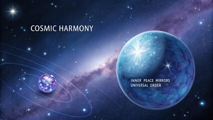 Two luminous celestial orbs floating in a deep indigo star-dusted cosmic expanse, representing universal order and inner peace.