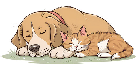 A peaceful and heartwarming illustration of a dog and cat lying close together, resting comfortably with relaxed expressions. The cozy scene highlights harmony, trust, and companionship between pets. 