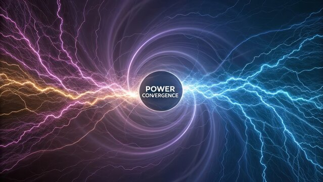 Vibrant streams of electric power converging in a dynamic, swirling vortex of intense energy - Powered by Adobe