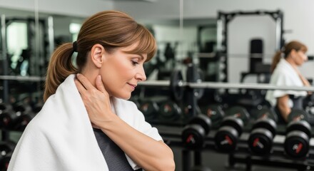 Mature caucasian woman cooling down in gym with towel and reflective workout background