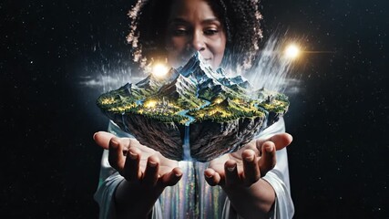 Woman manifesting misty mountain landscape in her hands. African american female creator summoning ethereal world from palms. Fantasy concept of nature birth and digital magic visualization. - Powered by Adobe