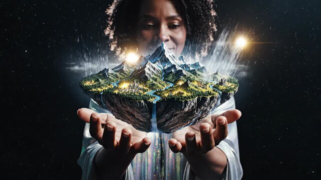 Woman manifesting misty mountain landscape in her hands. African american female creator summoning ethereal world from palms. Fantasy concept of nature birth and digital magic visualization.