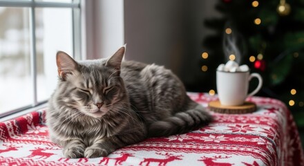 Gray cat resting on festive tablecloth by window with hot drink  