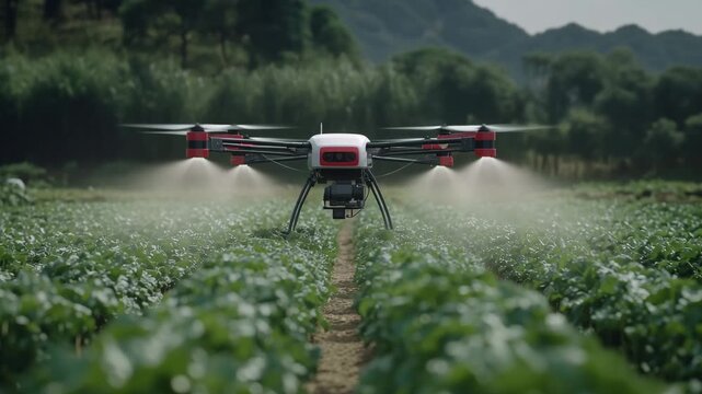 A drone applies nutrients to rows of crops on a farm, showcasing modern agricultural practices in a rural setting