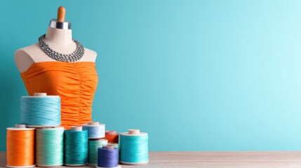 Colorful sewing thread spools with a mannequin dressed in orange against a blue background create a vibrant crafting scene
