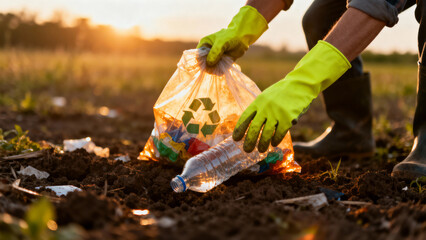Close up of gloved hands picking up a plastic bottle and holding a recycling bag at sunset
