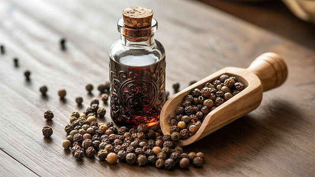 Aromatic peppercorns cascading from wooden scoop near spiced oil bottle, promising rich flavor for culinary creations and adding sophisticated touch to food photography