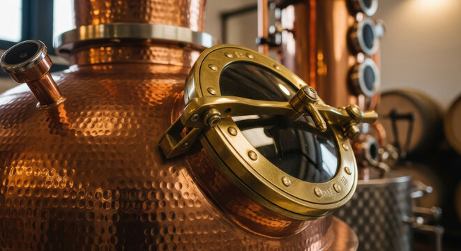 Close-up of a traditional copper still with brass fittings