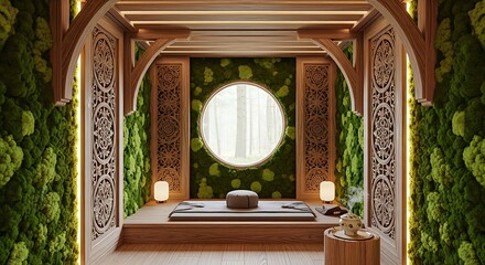 Illustration of serene meditation room with moss walls, intricate wood carvings, and natural light