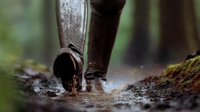 Medieval knight boots trudging through muddy forest path in rain slow motion video footage