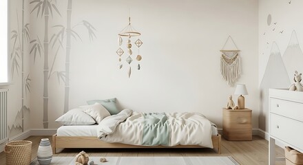 Illustration of cozy childs bedroom with a single bed, mobile, and natureinspired decor