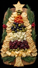 Festive cheese and cracker platter shaped like a Christmas tree for holiday gatherings and celebrations