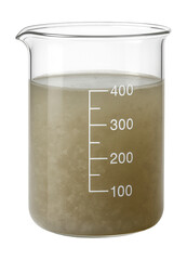 Clear beaker containing a sample of cloudy water showing turbidity levels.